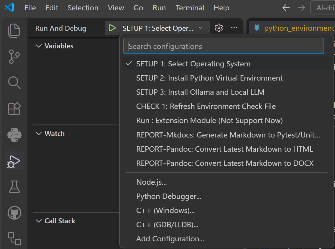 VS Code Run and Debug panel